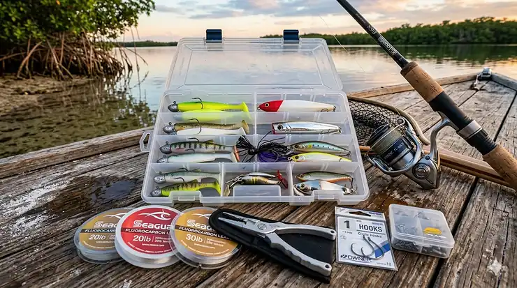 A flat lay of essential snook fishing lures and gear, including saltwater jigs, topwater plugs, a spinning reel, and pliers on a boat deck.