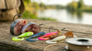 Brightly colored curly tail grubs and soft plastics used as active lures for aggressive catfish.