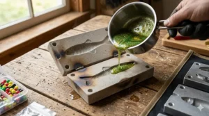 Hand pouring liquid plastisol into a stone mold to create custom soft plastic worms.