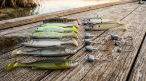 Digital drawing of soft plastic paddletail swimbaits and weighted jig heads for snook fishing.