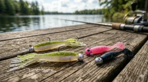 Illustration of two-tone salt-impregnated tube jig fishing lures for crappie and perch.