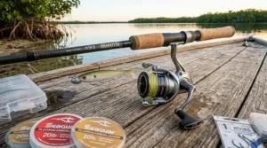 Illustration of a heavy-action saltwater spinning rod and reel setup for snook fishing.