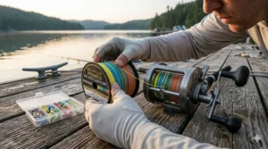 A person carefully spooling heavy-duty lead core line onto a large capacity level-wind trolling reel.