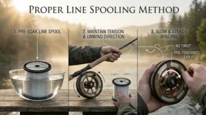 Helpful graphic showing how to properly load monofilament line onto a centerpin spool to prevent line twist.