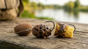 A close-up of sponge-style lures used for holding liquid and paste stink baits for catfish.