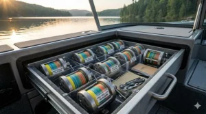 Organized tackle storage showing multiple reels rigged with different pound-test lead core lines.