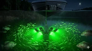 A high-lumen submersible green LED light dropped off a boat to attract crappie and snapper.