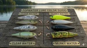 An SEO-optimized color selection guide for topwater lures comparing clear water patterns and murky water colors.