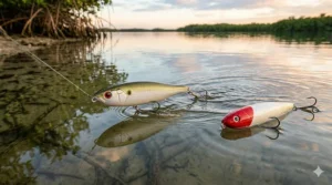 Illustration of topwater walk-the-dog plugs used for snook fishing in shallow water.