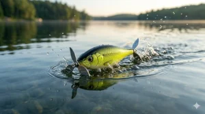 A topwater prop bait with dual propellers creating vibration and bubbles on the water surface during a retrieve.