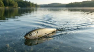 High-detail illustration of a topwater walking bait creating a zig-zag surface action in calm lake water.
