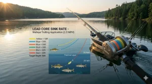 A fishing boat trolling for walleye using lead core lines to reach deep-water thermal layers.