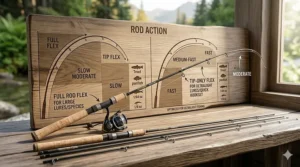 Photorealistic diagram on a wooden workbench comparing fast and slow rod action flex points for ultralight fishing.