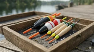 A collection of diverse waggler fishing floats with bright yellow and orange sight tips arranged neatly in a technical tackle tray compartment.