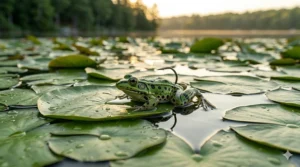A weedless hollow body frog lure resting on green lily pads in a natural pond setting for topwater fishing.