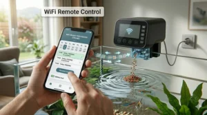 Illustration of a smartphone app interface remotely controlling a smart automatic fish feeder via WiFi.