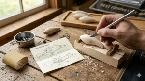 Unfinished balsa wood lure bodies with carving tools and sandpaper from a DIY lure kit.