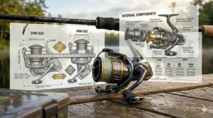 Internal view of the waterproof drag system and ball bearings in a 2500 size spinning reel.