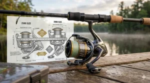 Comparison chart showing the physical dimensions of a 2500 size spinning reel versus a 3000 size model.