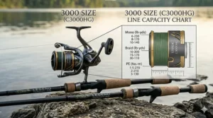 Close-up of a 3000 size spinning reel spool showing braided line capacity markings.