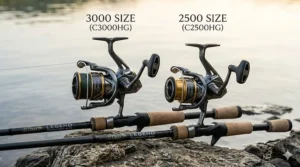 Comparison chart showing the physical size difference between a 2500 and a 3000 size spinning reel.