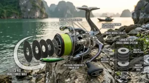 Detailed illustration of the internal waterproof carbon fiber drag washers in a 4000 spinning reel.