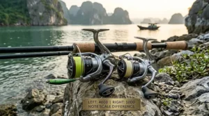 Side-by-side size comparison between a 3000 and 4000 spinning reel showing the larger spool diameter.