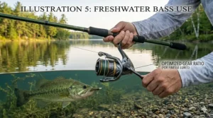 A 3000 size spinning reel paired with a medium-action rod for professional bass fishing.