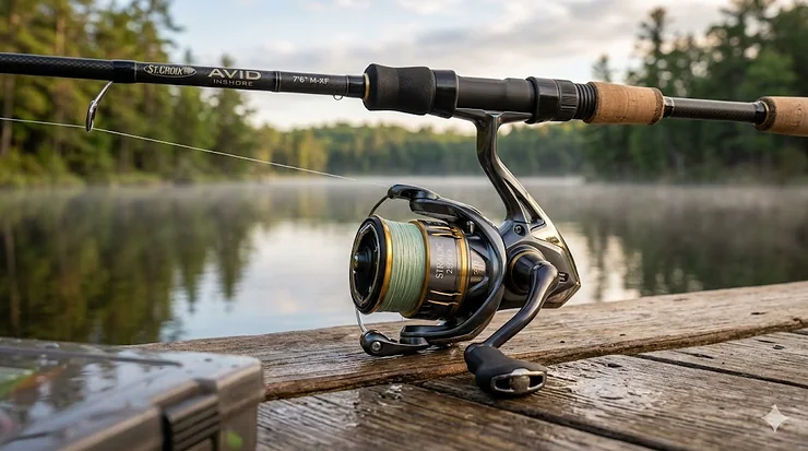 A high-end 2500 size spinning reel mounted on a carbon fiber rod near a lake, showcasing its compact design.