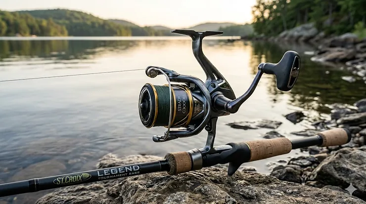 A high-quality 3000 size spinning reel mounted on a carbon fiber fishing rod near a lake.