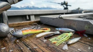 A collection of lead-head glow jigs and soft plastic grubs, popular halibut fishing gear for attracting bottom-dwelling flatfish.
