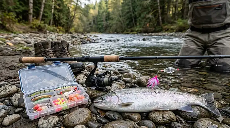 A complete setup of the best steelhead fishing gear and lures resting on a riverbank next to a freshly caught steelhead.