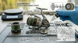 A person applying reel oil to the main shaft and ball bearings of a 3000 size spinning reel.