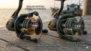 Illustration comparing a standard reel vs a sealed drag reel after saltwater exposure.