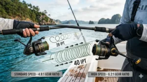 Diagram comparing line inches per turn between standard and high speed spinning reels.