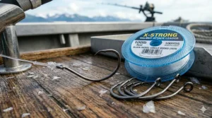 Large offset circle hooks attached to a 100-pound test monofilament leader for secure halibut hooksets.