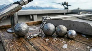 Heavy cannonball lead weights ranging from 16 to 48 ounces used to keep halibut fishing gear on the ocean floor.
