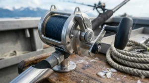 A high-torque dual-speed conventional reel with braided line, a top-rated piece of halibut fishing gear for deep-sea jigging.