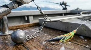 A technical diagram of a halibut spreader bar rig with a heavy sinker and circular hook to prevent line tangles.