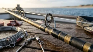 Close-up of a heavy-duty shark fishing rod with reinforced roller guides designed for offshore angling.