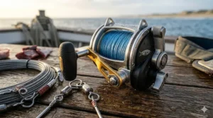 A large conventional shark fishing reel spooled with high-tensile monofilament line for long-distance runs.