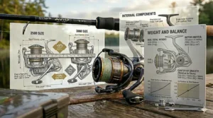 Diagram showing the weight distribution and balance point of a lightweight 2500 size spinning reel on a finesse rod.