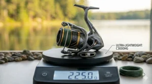 A 3000 size spinning reel being weighed on a digital scale to show its lightweight construction.