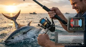 Action illustration of a sealed drag spinning reel handling a high-speed run from a large fish.