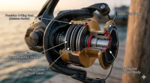 Cross-section diagram showing rubber O-ring seals in a spinning reel drag stack.