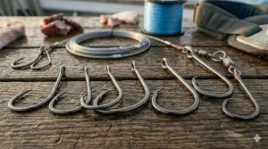 Non-offset circle hooks in various sizes used as essential shark fishing equipment for safe catch and release.
