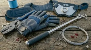 Protective gloves and a long-reach dehooking tool for safe handling and release of sharks.