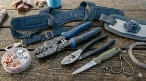 Essential rigging tools including crimpers and heavy-duty pliers for preparing shark fishing tackle.