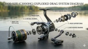 Exploded view diagram of the drag washers and internal gears of a 3000 size spinning reel.