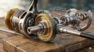 Detailed illustration of internal brass gears showing a 6.2:1 high speed gear ratio.